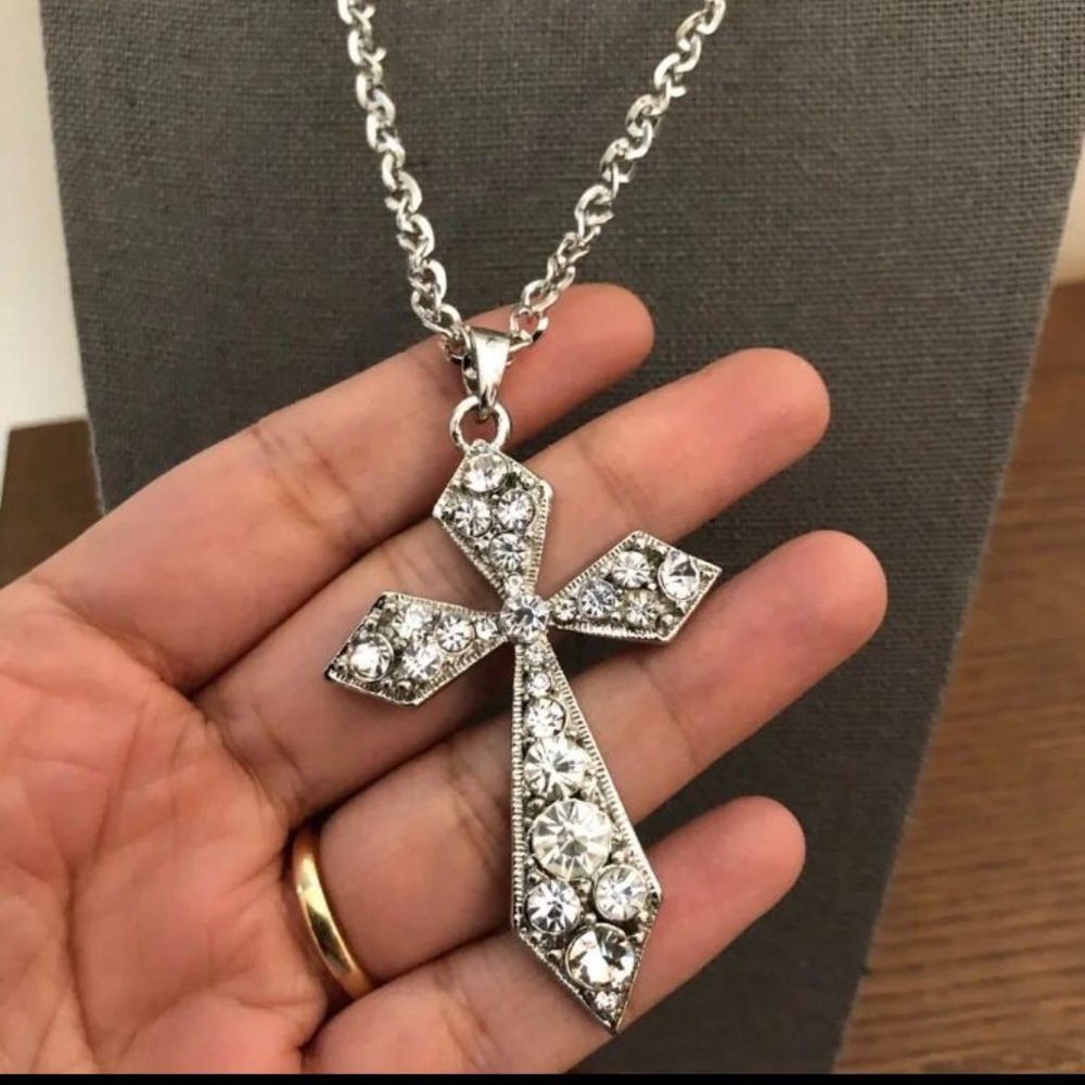 Silver plated Crystal cross pendant long necklace NWOT